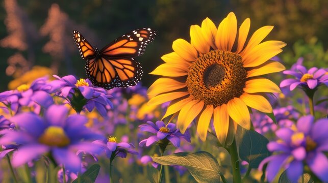 Butterflies & sunflowers in a field of purple flowers.  Golden light
