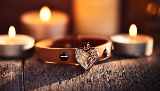 leather bracelet with heart charm nestled in warm sunlight with candles light decoration