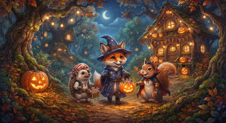 Fototapeta premium Autumn forest scene featuring woodland creatures near a cozy rustic cabin under a twilight sky with glowing pumpkins