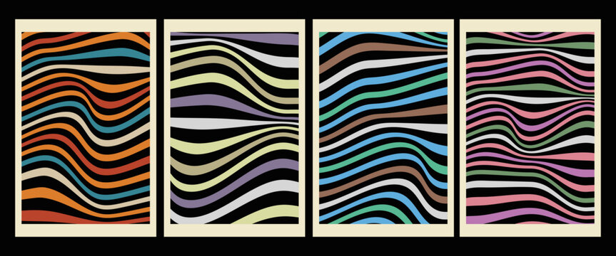 Set of Retro Wavy Lines Posters with Psychedelic Distorted Stripes on Black Background, 70s Vintage Abstract Wall Art Vector Design Templates