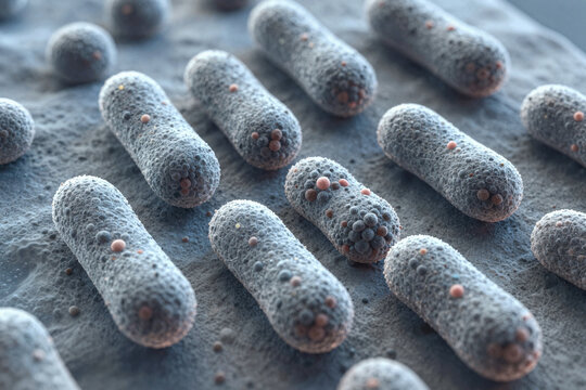 Close-up view of microscopic bacteria on a textured surface in a laboratory Bacteria colonies growing on surface in microscopic view