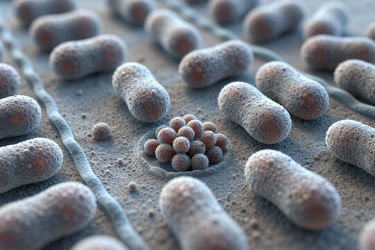 Close-up view of bacteria and microorganisms on a textured surface Bacteria cluster forming in microscopic view under magnification