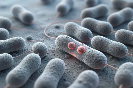 Close-up view of bacteria with detailed textures and structures under microscope Bacteria cells shown under microscope with red spots on one cell