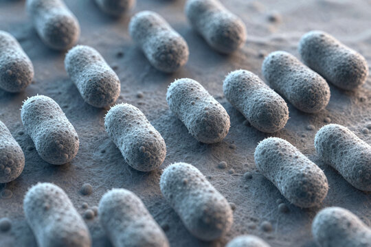 Close-up view of bacteria on a textured surface under a microscope Bacteria colonies grow on surface under microscope view