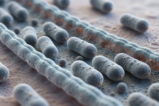 Close-up view of bacteria on a textured surface showcasing their shapes and details Bacteria colonies grow on textured surface under microscope view