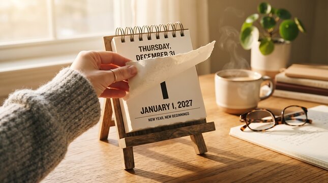 Turning desk calendar page from December 31 to January 1, symbolizing new year beginnings, fresh start, passage of time, reflection, and warm cozy atmosphere with coffee and sunlight