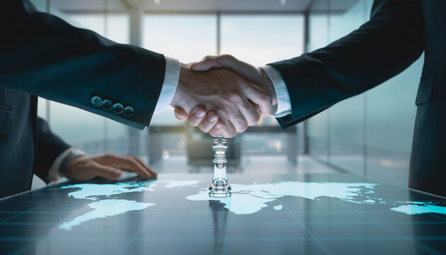 Corporate Business Handshake Over World Map and Chess Piece Strategy