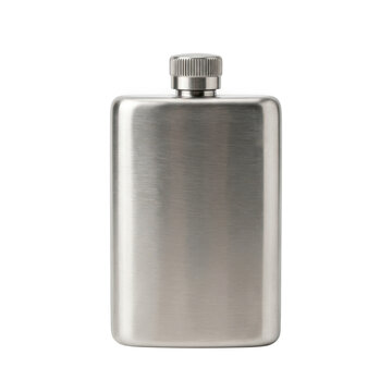 Silver stainless steel hip flask isolated on transparent background