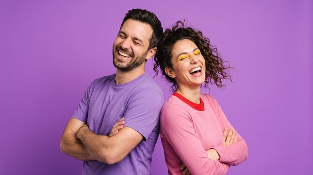 Happy young couple standing back-to-back laughing with arms crossed against a vibrant purple background.