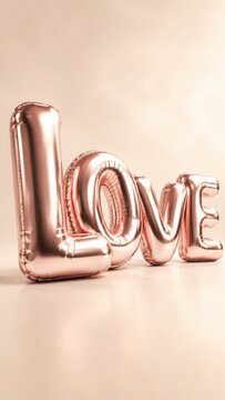 Large rose gold metallic foil balloons spelling the word love on a soft beige gradient background de