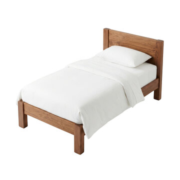 Modern wooden single bed with white bedding isolated on transparent background