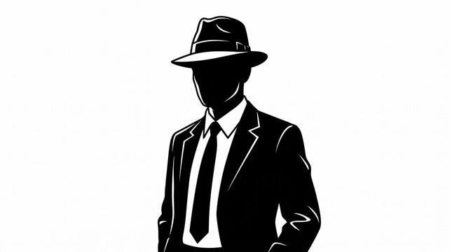 ​Anonymous incognito user icon illustration showing a stylish faceless man in a suit wearing a fedora hat.