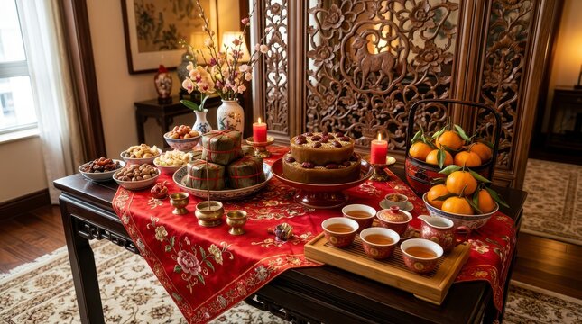 Festive Table Offering With Sticky Rice And Delicious Treats In A Traditional Cultural Setting