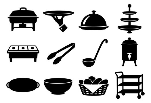 Buffet Catering and Serving Equipment Silhouette Icon Set