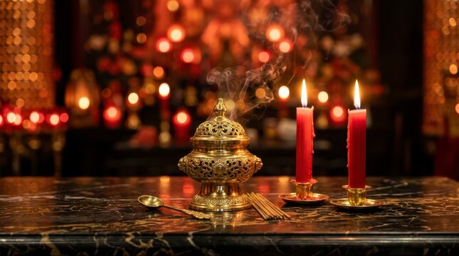 Incense Burner with Red Candles Creating an Inviting Atmosphere in Elegant Space