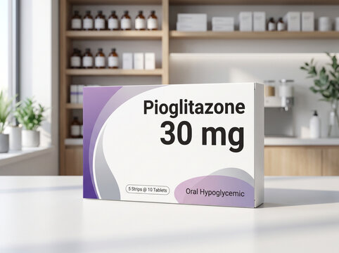 Pharmaceutical box of generic pioglitazone tablets in a drugstore