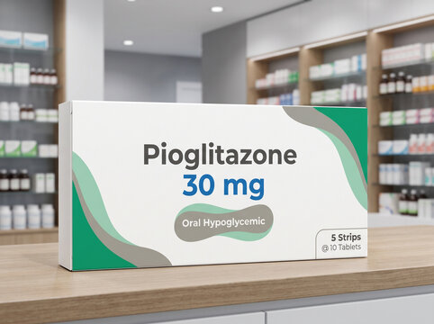 Pharmaceutical box of generic pioglitazone tablets in a drugstore
