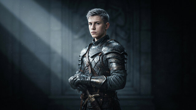 Young male warrior in dark fantasy armor standing dramatically under strong spotlight beams against a moody, atmospheric background