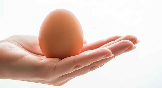 A single raw brown organic chicken egg rests gently upon the open palm of a human hand representing natural healthy eating habits and the preparation of fresh ingredients for nutritious cooking