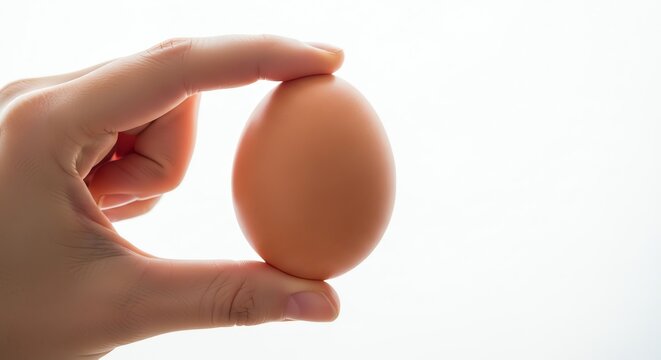 A hand carefully holds a fresh brown chicken egg between fingers as a gesture of agricultural harvest quality and nutritional value for natural cooking preparation in a healthy home kitchen