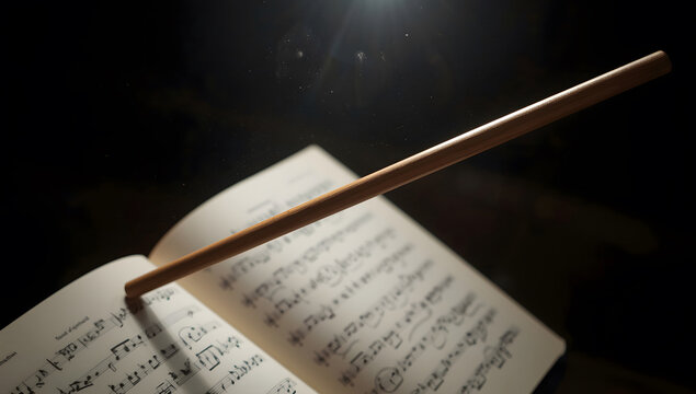 Wooden conductor baton on sheet music