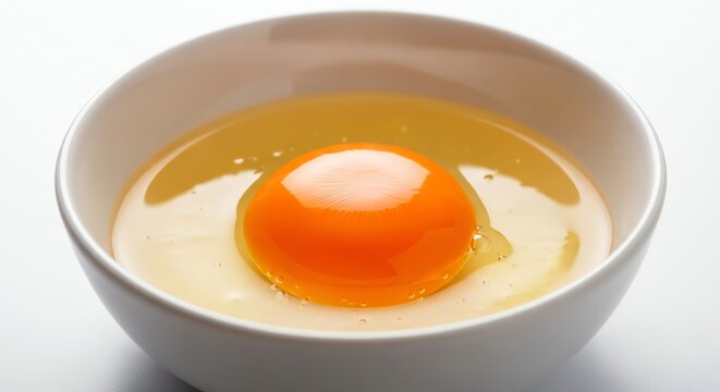 Fresh chicken egg yolk sitting inside a ceramic bowl ready for cooking morning breakfast recipes as a healthy organic ingredient for baking delicious homemade food mixtures in a kitchen