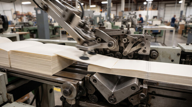 Automated bookbinding machine processing stacked paper sheets in factory
