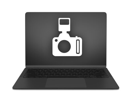 Ordenador port&aacute;til negro con pantalla PNG transparente que muestra un icono de c&aacute;mara de fotos digital con flash para dise&ntilde;o web y proyectos multimedia.