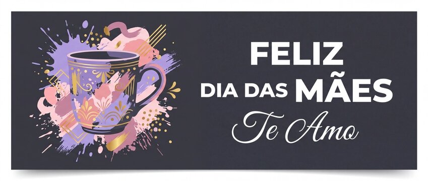 Feliz Dia Das Maes banner featuring decorative coffee mug with watercolor paint splash art for Portuguese Mothers Day greeting horizontal background poster design template celebration.