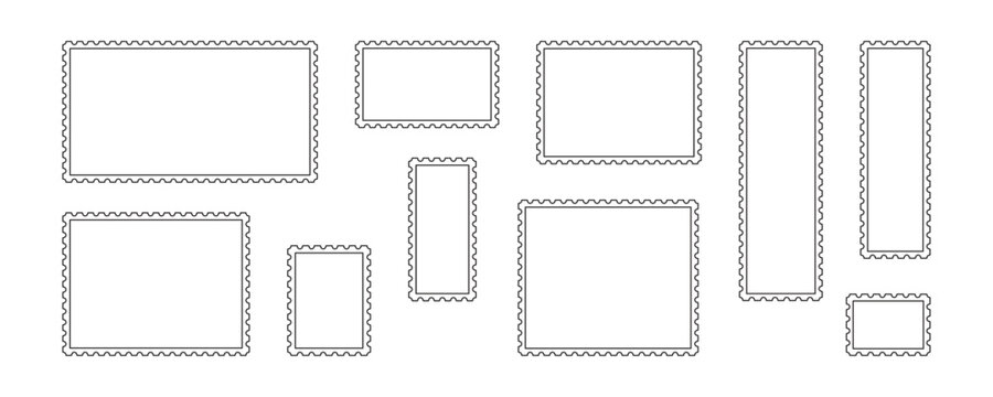 Frame stamp postcard, postage sticker line icon. Mail shape border sign. Text box rectangle scallop edge thin line clipart, abstract frame zigzag form isolated on white background. Vector illustration