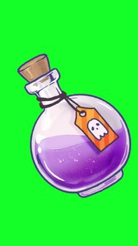 3D Animated Halloween Magic Potion Bottle with Ghost Tag on Green Screen