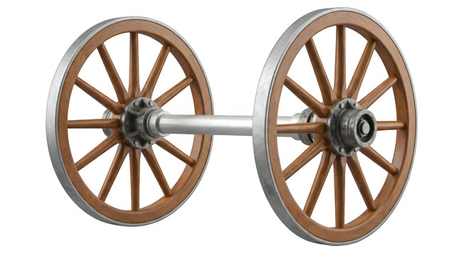 Vintage wooden wagon wheels with metal rim and axle isolated on transparent background