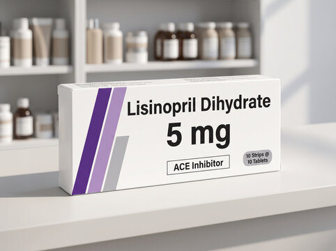 Box of Lisinopril blood pressure medication on pharmacy counter