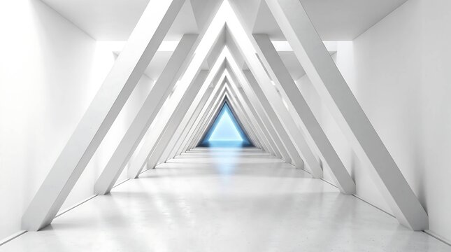 Modern architectural corridor with triangular arches and bright minimalist perspective.