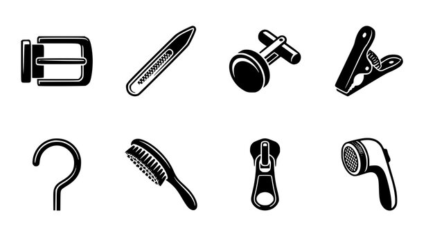 Set of black and white icons representing various clothing accessories and garment maintenance tools on white background