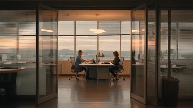 A blurred view of a modern office interior at sunset. The warm light creates a comforting atmosphere, perfect for a productive work environment. 