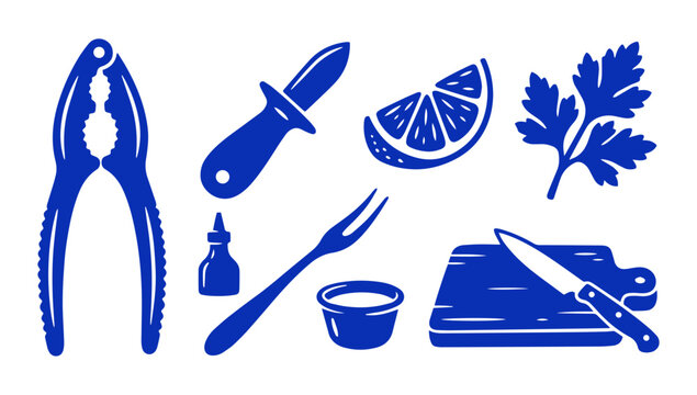 Set of blue kitchen tools and cooking ingredients icons on a white background