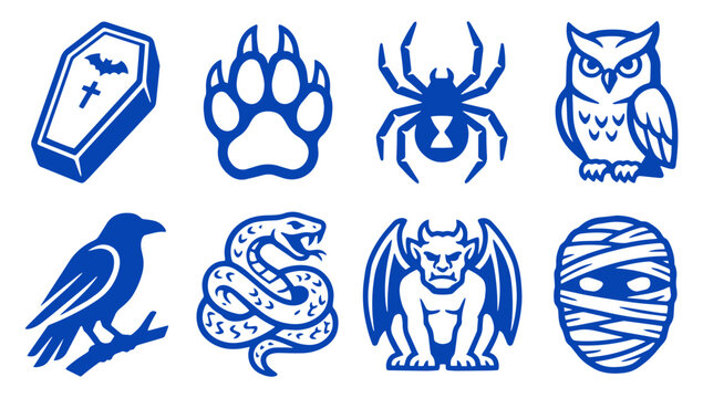 Halloween spooky icon set featuring coffin spider owl raven snake gargoyle and mummy characters
