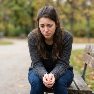 Young Woman Crying Alone On A Park Bench Depicting Sadness And Loneliness In Autumn