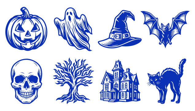 Set of vintage Halloween icons with pumpkin ghost witch hat bat skull tree mansion cat