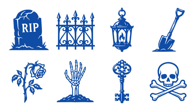 Set of vintage gothic and halloween icons featuring graveyard elements and spooky skull symbols