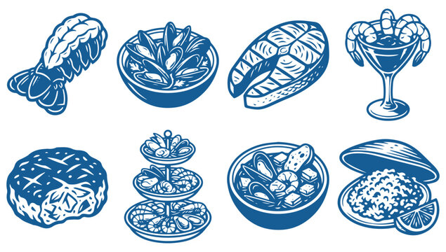 Set of hand drawn seafood icons including fish, mussels, shrimp, and delicious gourmet dishes