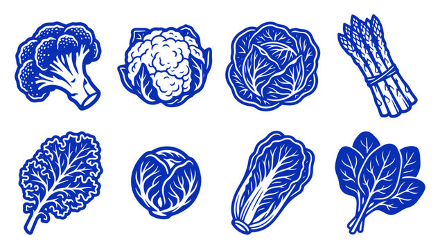 Set of blue vegetable icons featuring broccoli, cauliflower, asparagus, and various leafy green vegetables