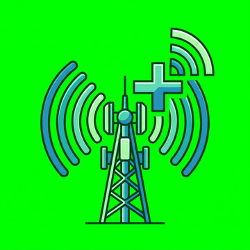 Cell tower icon with signal waves and medical cross symbol, representing telehealth, mobile network connectivity, and healthcare communication technology on green background.