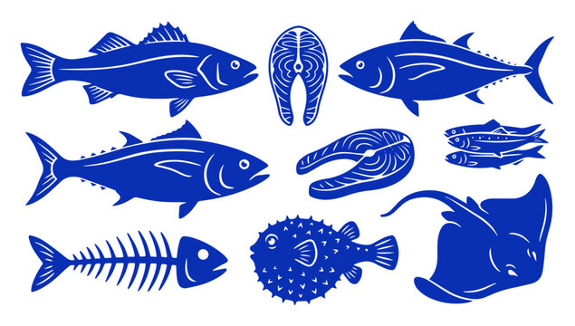 Set of various fresh fish icons and seafood silhouettes on a white background