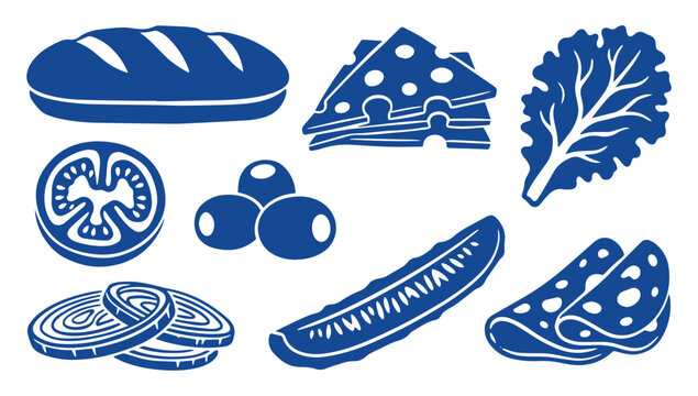 Set of fresh sandwich ingredients isolated on white background in flat blue style