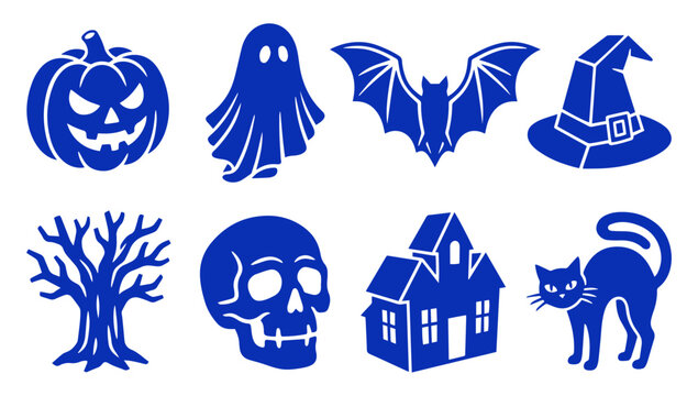 Set of blue Halloween icons featuring ghosts, pumpkins, skulls and spooky holiday decorations