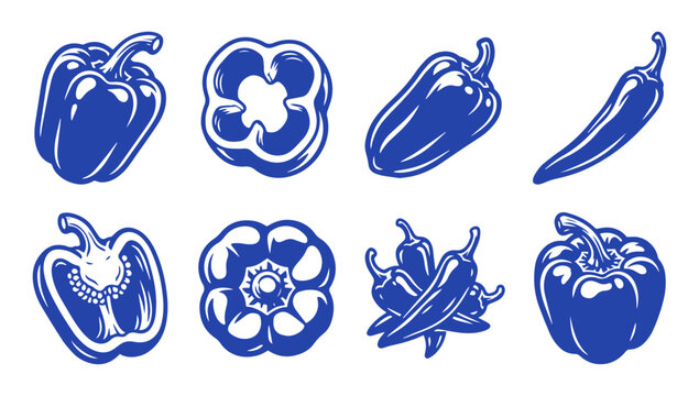 Set of hand drawn blue bell pepper and chili pepper vector icons collection