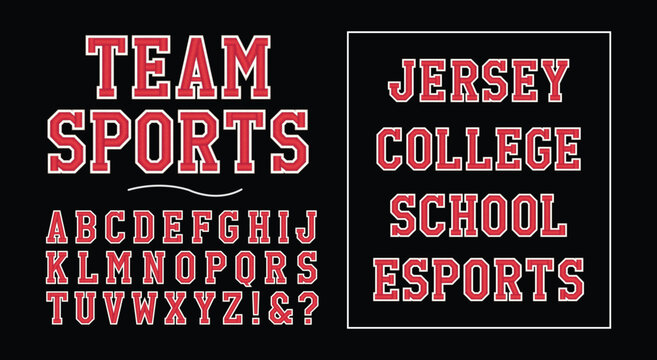 American college classic font. Vintage sports font in American style for T-shirt designs for football, baseball, and basketball teams. College, school and varsity style font, tackle twill. Vector