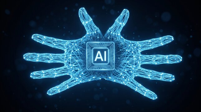 Artificial intelligence processor is supported by glowing digital wireframe hands representing advanced neural network connectivity.